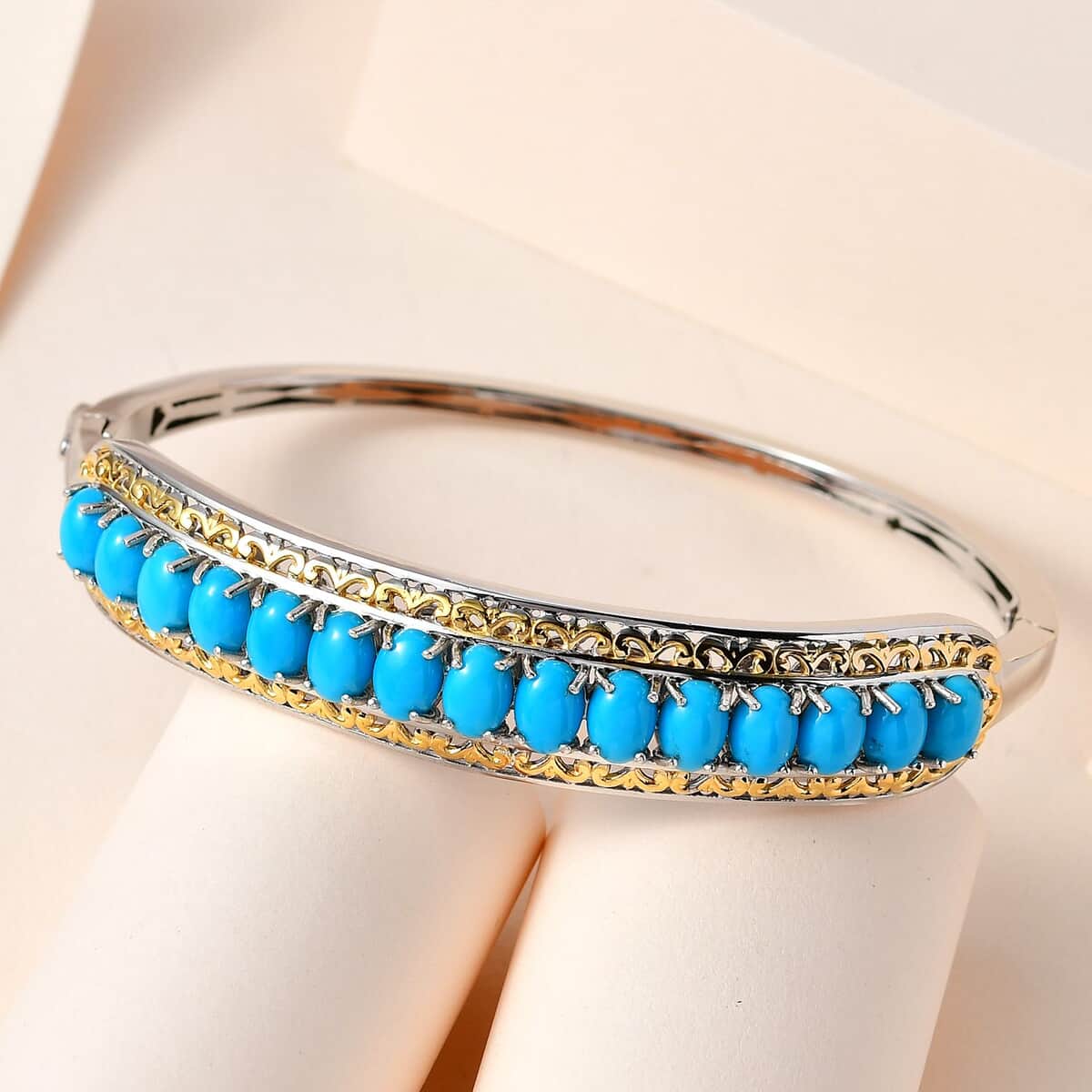 Premium Sleeping Beauty Turquoise Bangle Bracelet in Vermeil Yellow Gold and Platinum Over Sterling Silver (7.25 In) 10.75 ctw (Del. in 3-5 Days) image number 1