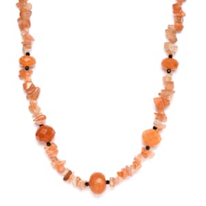 Peach Agate and Thai Black Spinel Station Necklace 20 Inches in Sterling Silver 245.00 ctw