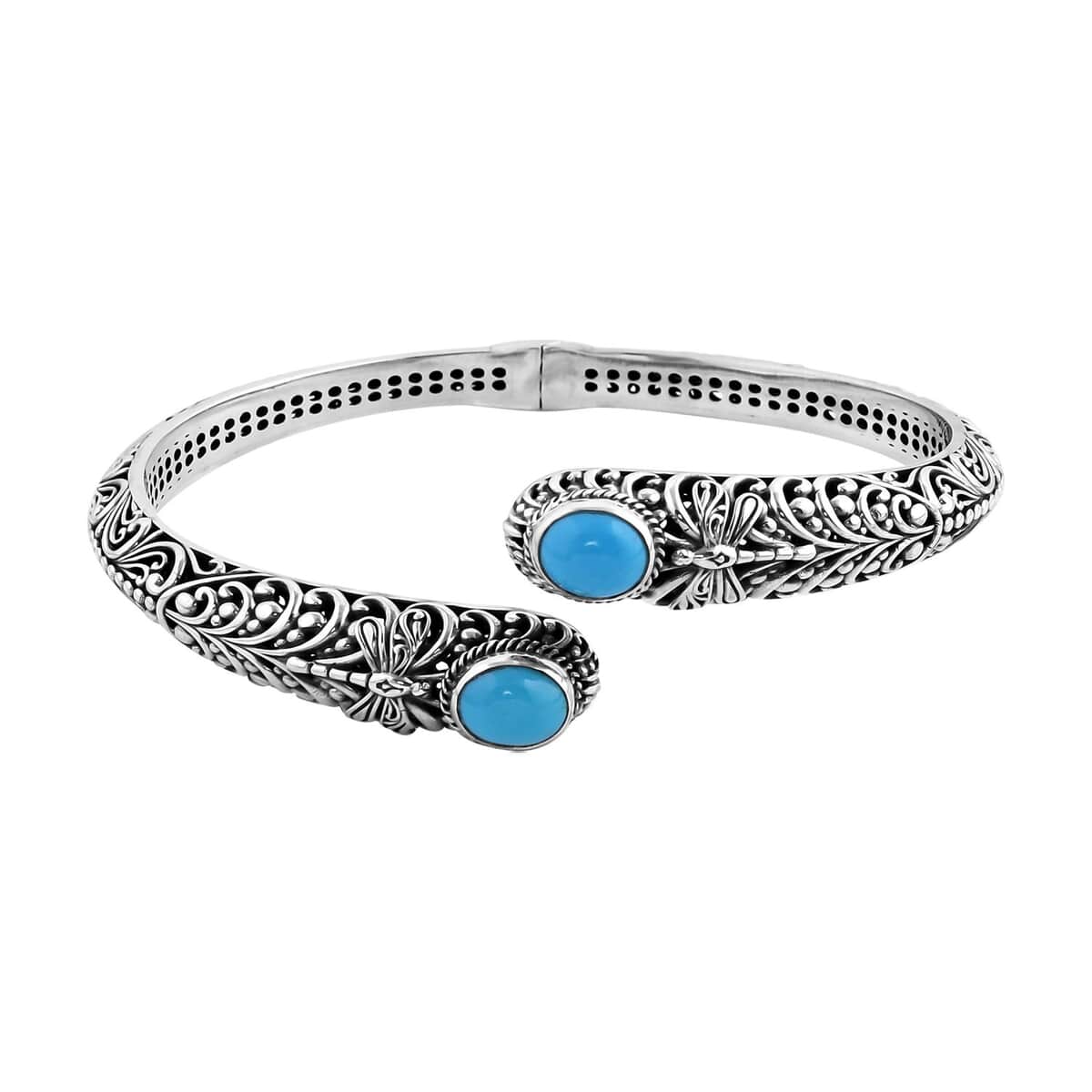 Bali Legacy Premium Sleeping Beauty Turquoise Dragonfly Bypass Bangle Bracelet in Sterling Silver (8.00 In) 4.40 ctw image number 0