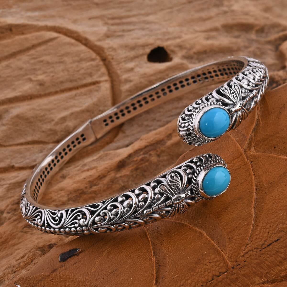 Bali Legacy Premium Sleeping Beauty Turquoise Dragonfly Bypass Bangle Bracelet in Sterling Silver (8.00 In) 4.40 ctw image number 1