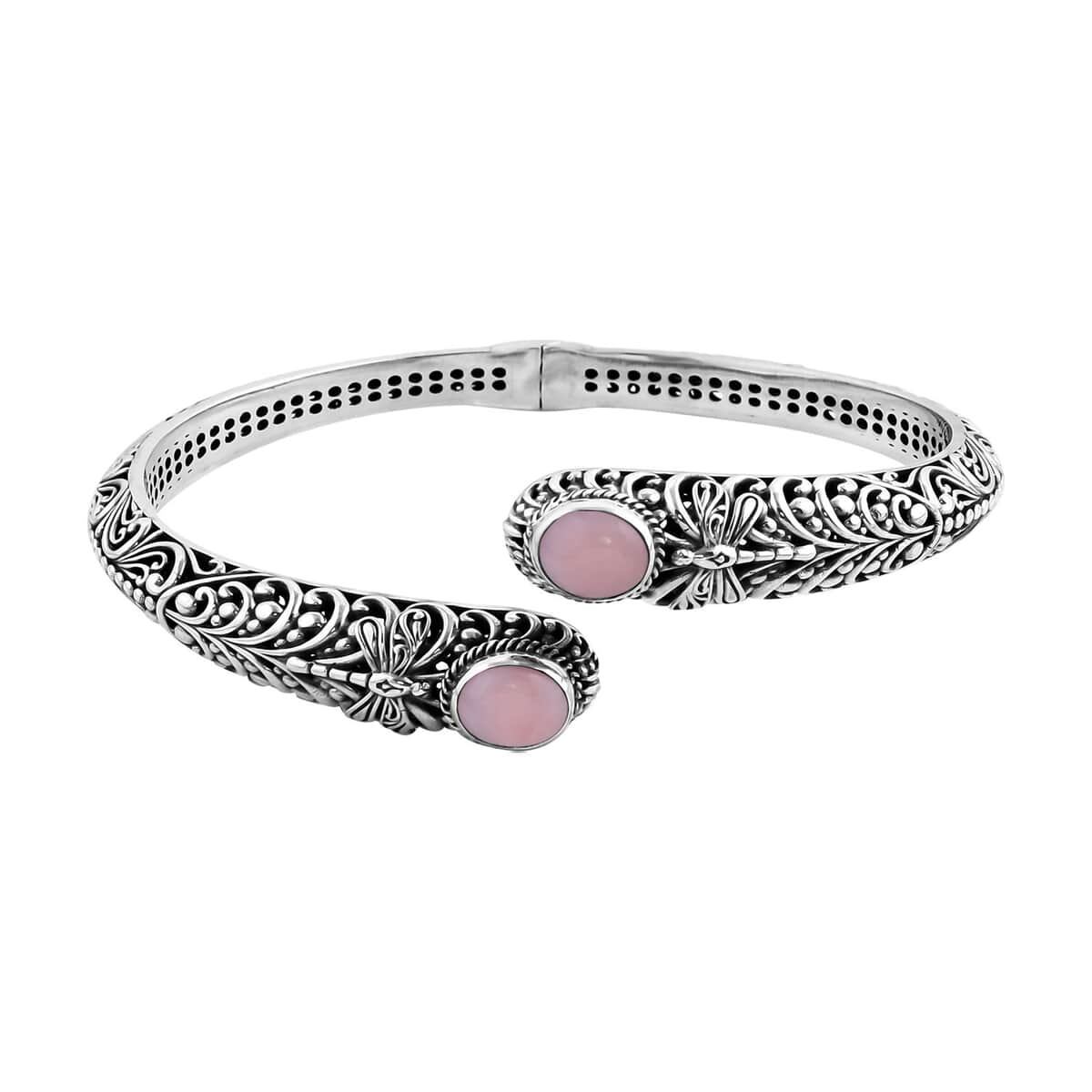 Bali Legacy Premium Peruvian Pink Opal Dragonfly Bypass Bangle Bracelet in Sterling Silver (7.25 In) 4.75 ctw image number 0