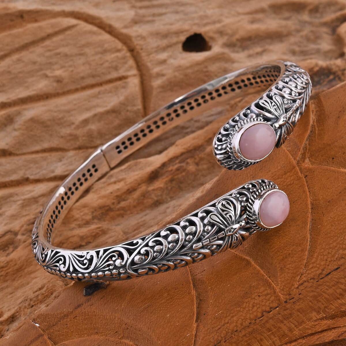 Bali Legacy Premium Peruvian Pink Opal Dragonfly Bypass Bangle Bracelet in Sterling Silver (7.25 In) 4.75 ctw image number 1