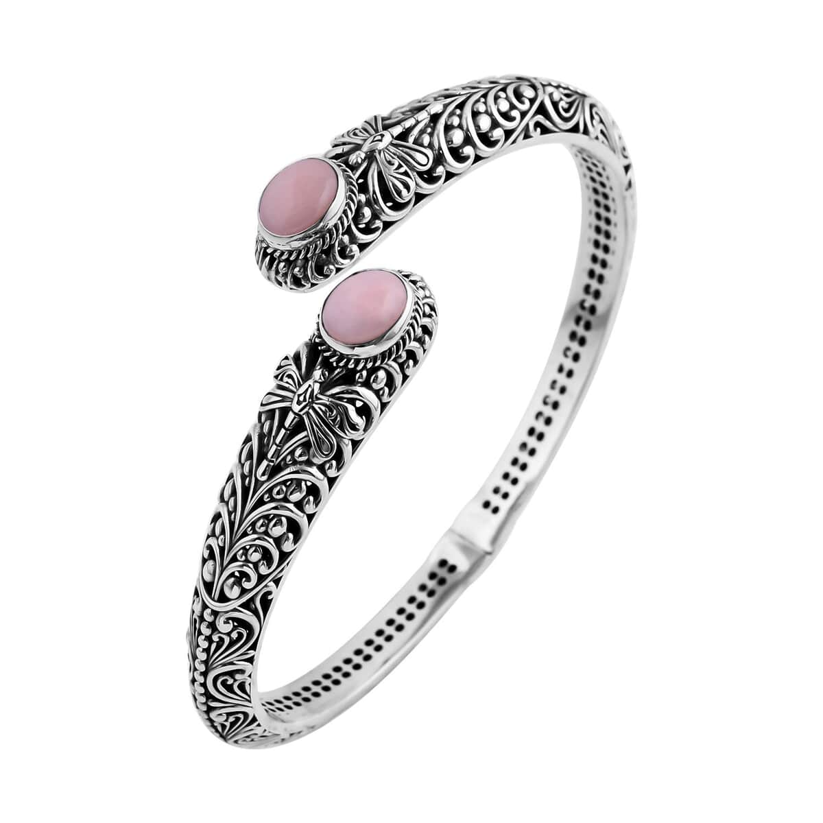 Bali Legacy Premium Peruvian Pink Opal Dragonfly Bypass Bangle Bracelet in Sterling Silver (7.25 In) 4.75 ctw image number 4