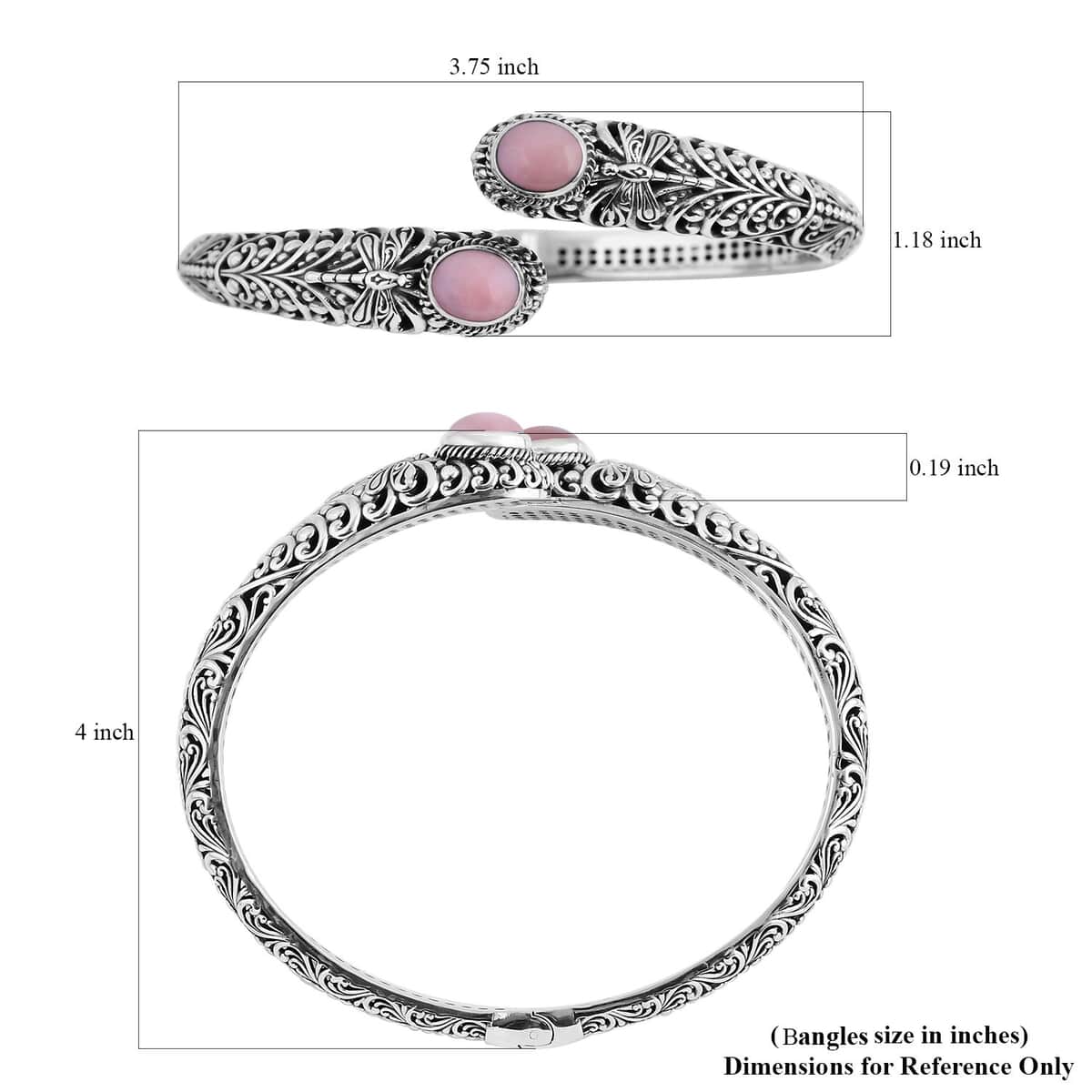 Bali Legacy Premium Peruvian Pink Opal Dragonfly Bypass Bangle Bracelet in Sterling Silver (7.25 In) 4.75 ctw image number 5