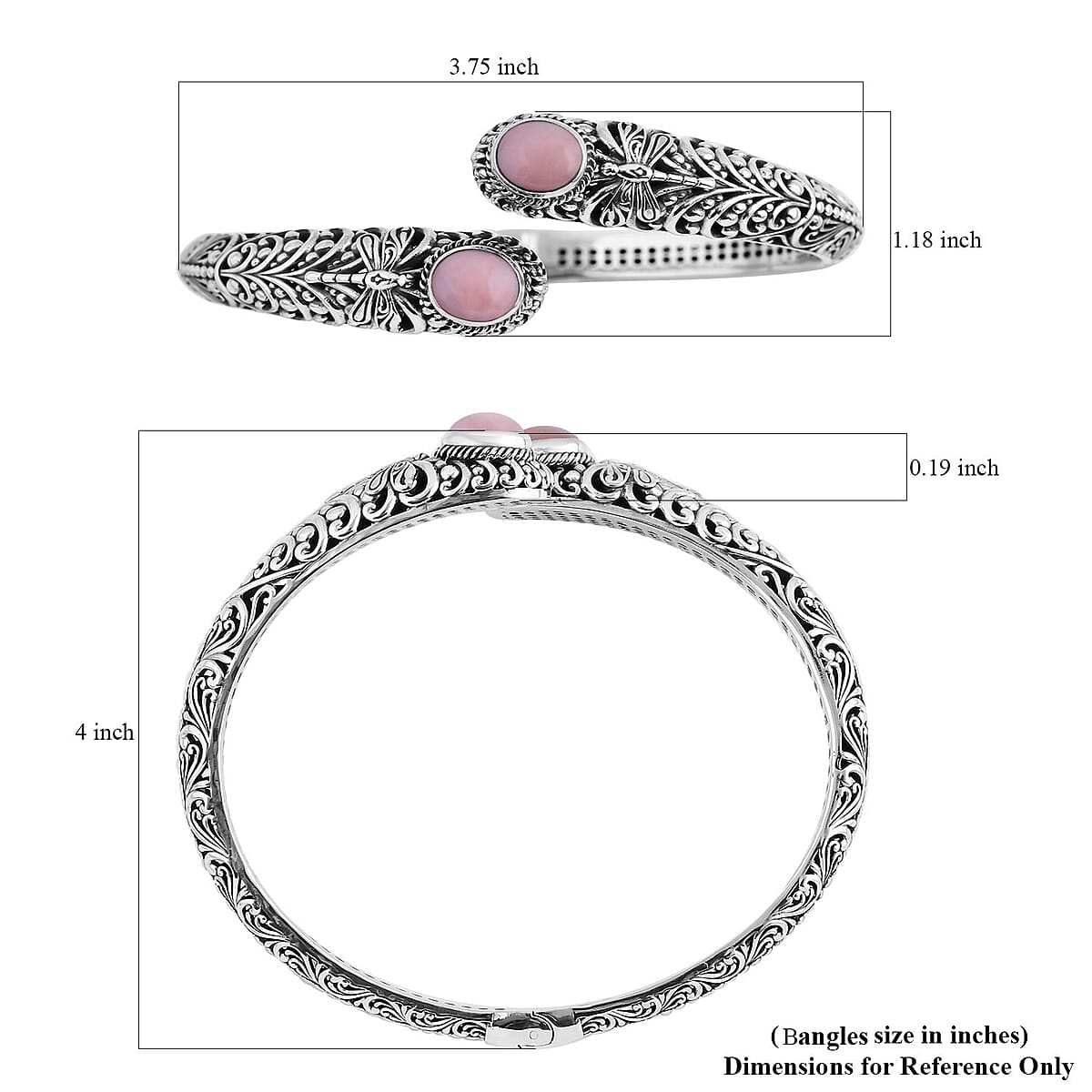 Bali Legacy Premium Peruvian Pink Opal Dragonfly Bypass Bangle Bracelet in Sterling Silver (8.00 In) 4.75 ctw image number 5