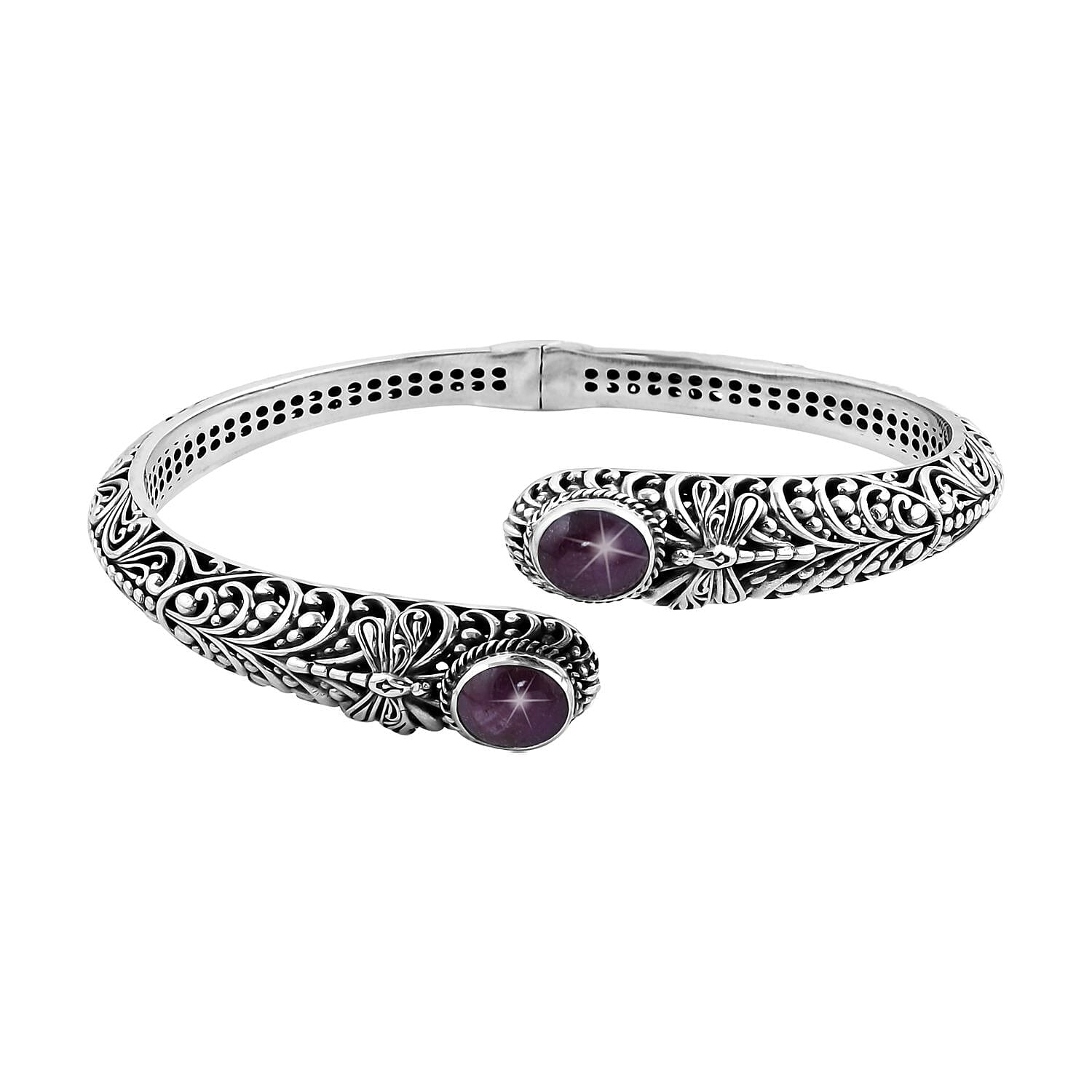 Bali Legacy Premium Indian Star Ruby Dragonfly Bypass Bangle Bracelet in Sterling Silver (7.25 In) 9.90 ctw