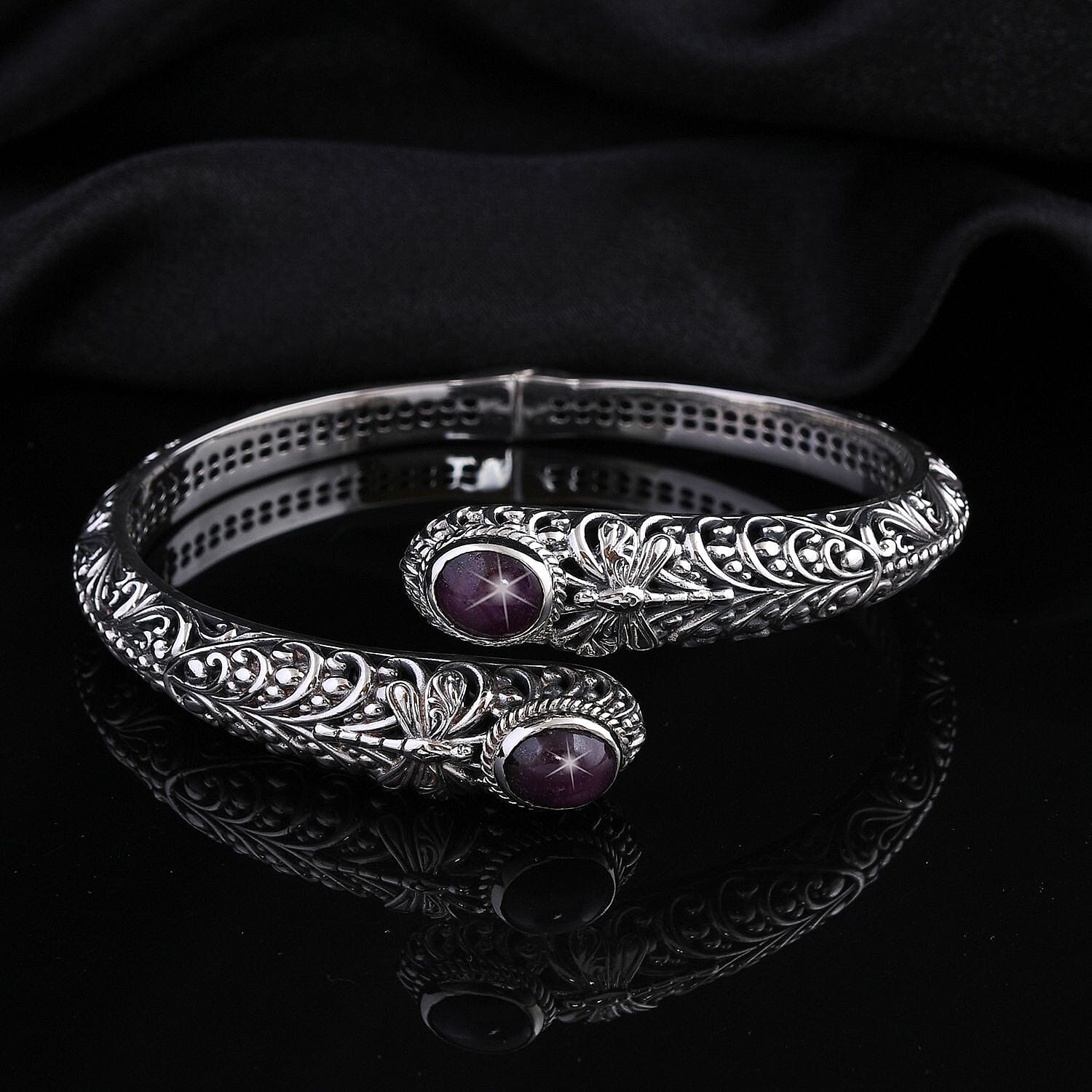 Bali Legacy Premium Indian Star Ruby Dragonfly Bypass Bangle Bracelet in Sterling Silver (7.25 In) 9.90 ctw
