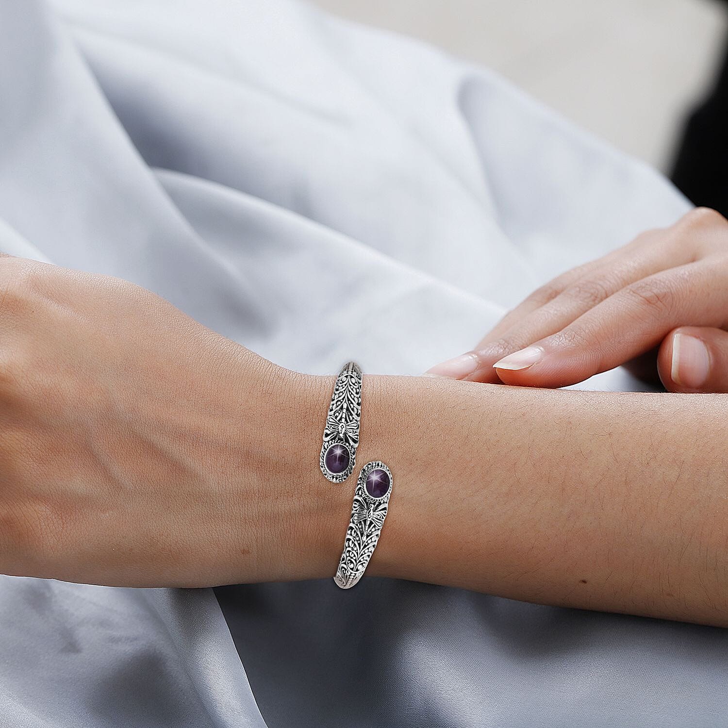 Bali Legacy Premium Indian Star Ruby Dragonfly Bypass Bangle Bracelet in Sterling Silver (7.25 In) 9.90 ctw