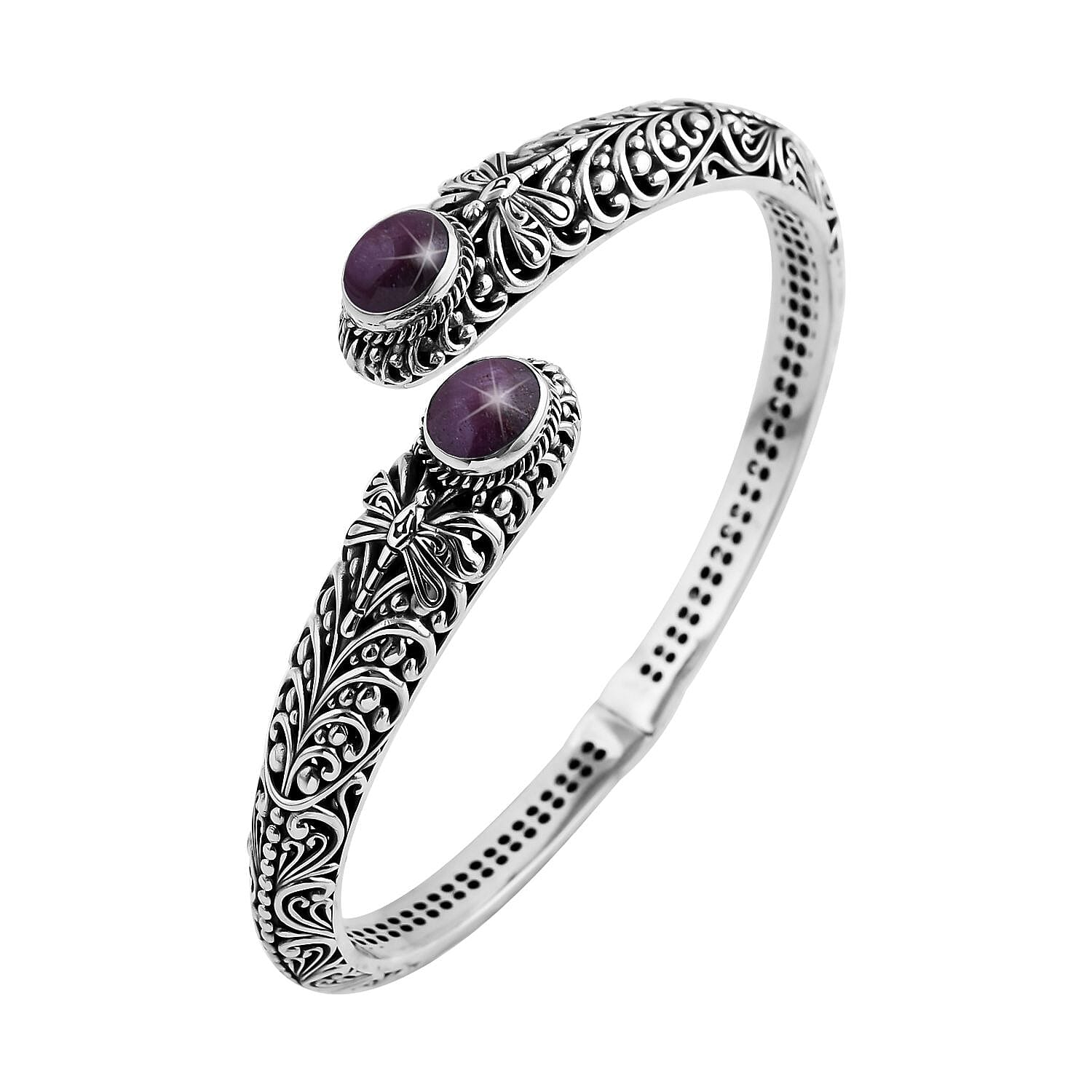 Bali Legacy Premium Indian Star Ruby Dragonfly Bypass Bangle Bracelet in Sterling Silver (7.25 In) 9.90 ctw