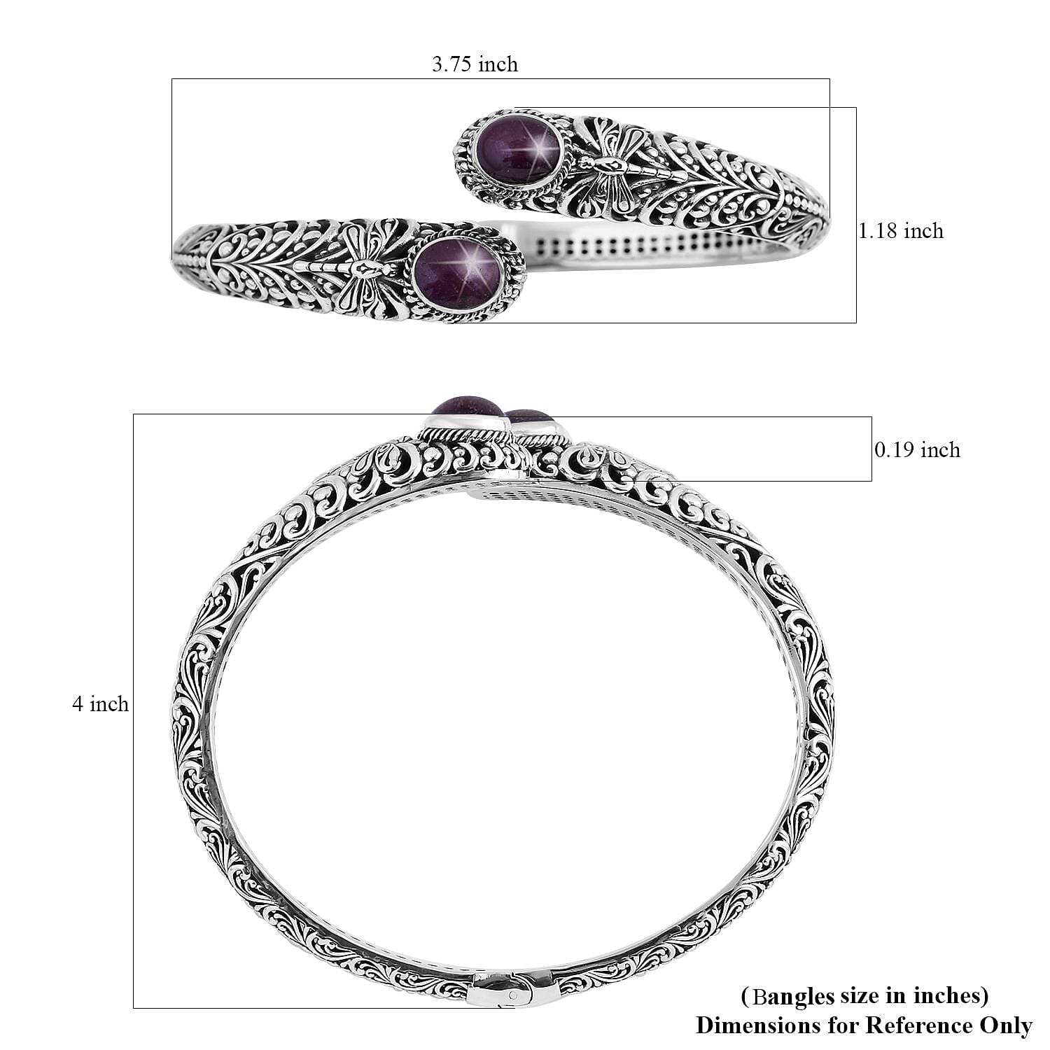 Bali Legacy Premium Indian Star Ruby Dragonfly Bypass Bangle Bracelet in Sterling Silver (7.25 In) 9.90 ctw