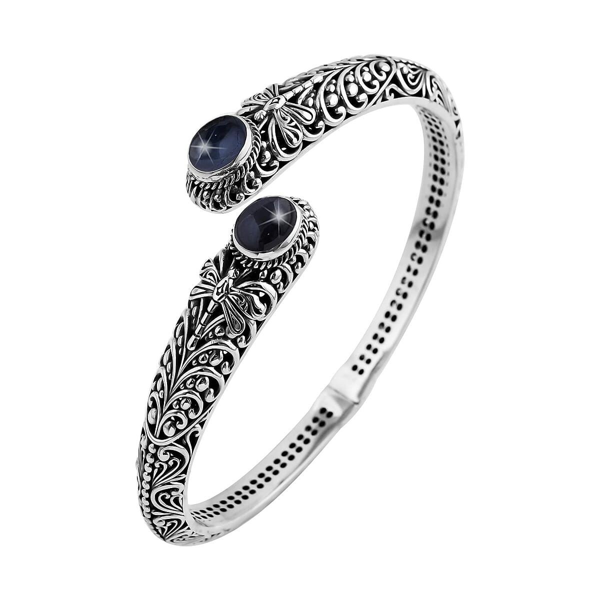 Bali Legacy Premium Blue Star Sapphire (DF) Dragonfly Bypass Bangle Bracelet in Sterling Silver (7.25 In) 8.50 ctw image number 4