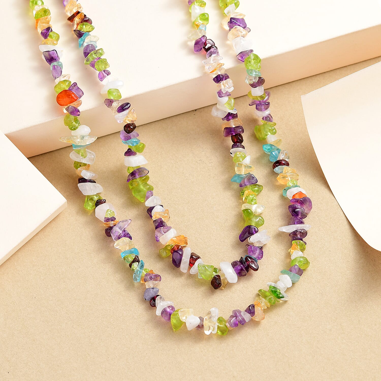 Multi Gemstone 250.00 ctw Chips Necklace 36 Inches in Sterling Silver