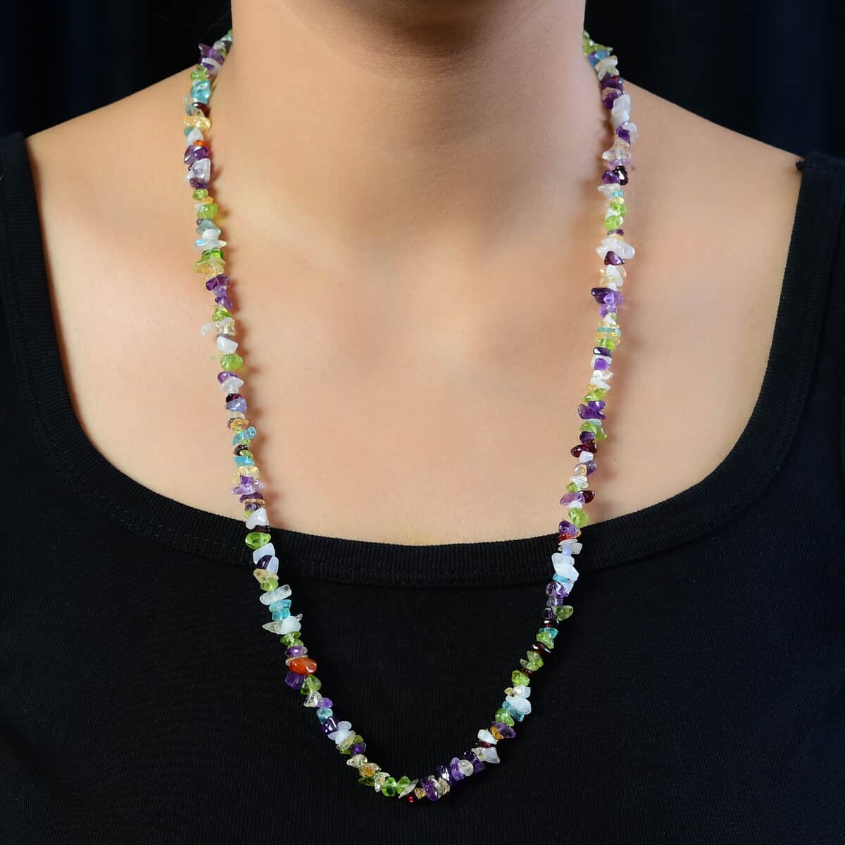 Multi Gemstone Chips Necklace 36 Inches in Sterling Silver 250.00 ctw image number 2