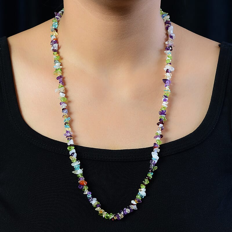 Multi Gemstone 250.00 ctw Chips Necklace 36 Inches in Sterling Silver