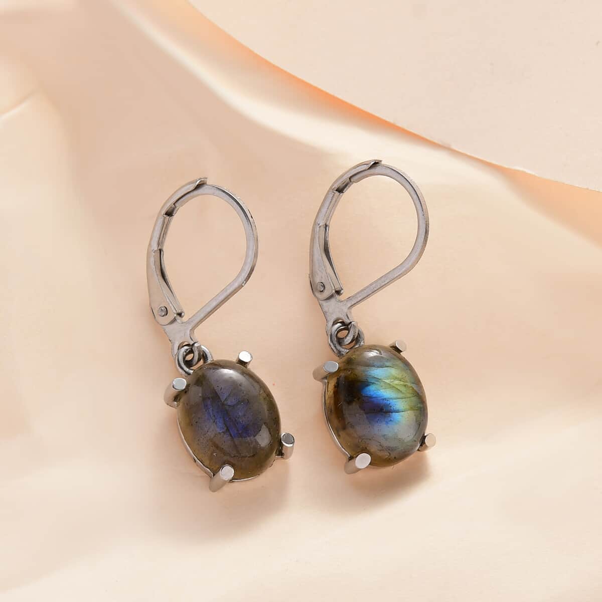 Malagasy Labradorite Solitaire Lever Back Earrings in Stainless Steel 6.60 ctw , Tarnish-Free, Waterproof, Sweat Proof Jewelry image number 1