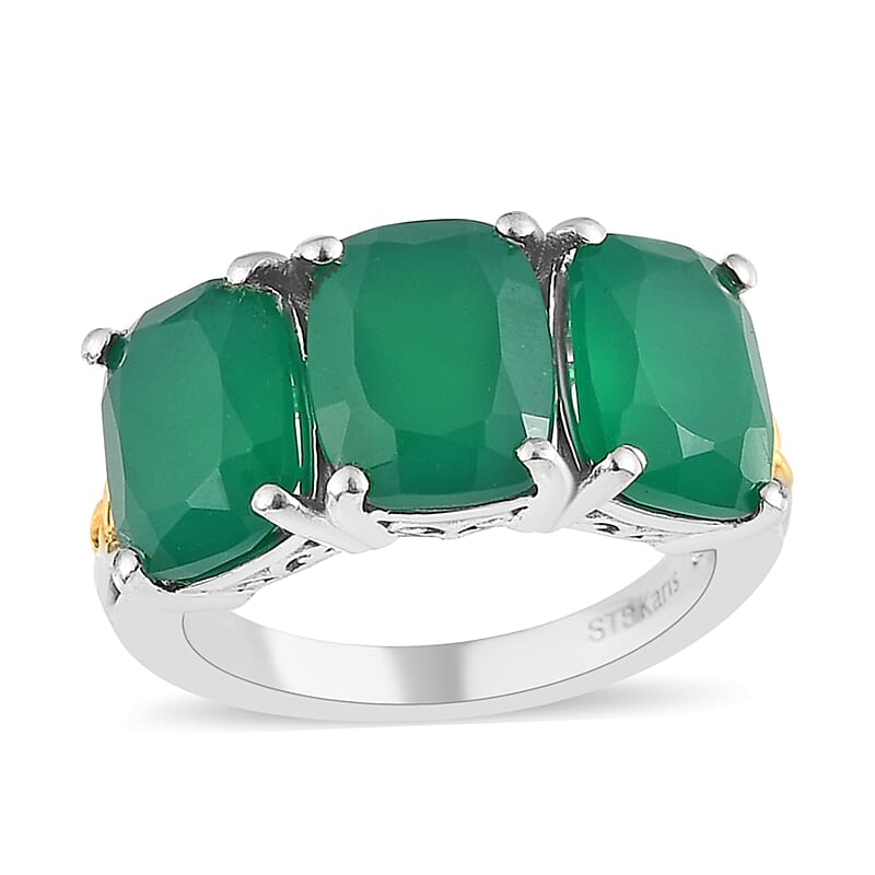 Karis Verde Onyx 3 Stone Ring in 18K YG Plated and Platinum Bond (Size 10.0) 6.35 ctw