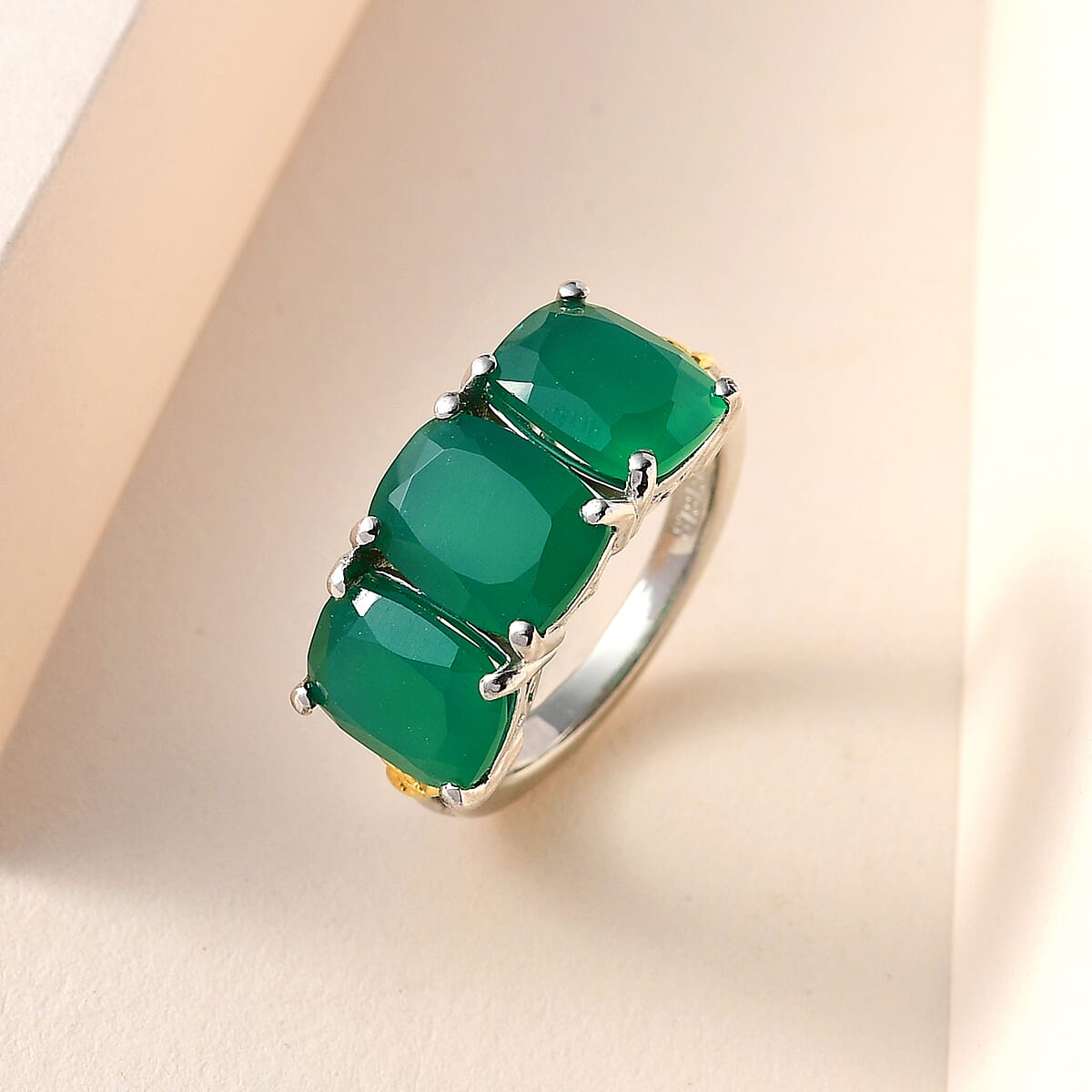 Karis Verde Onyx 3 Stone Ring in 18K YG Plated and Platinum Bond (Size 9.0) 6.35 ctw image number 1