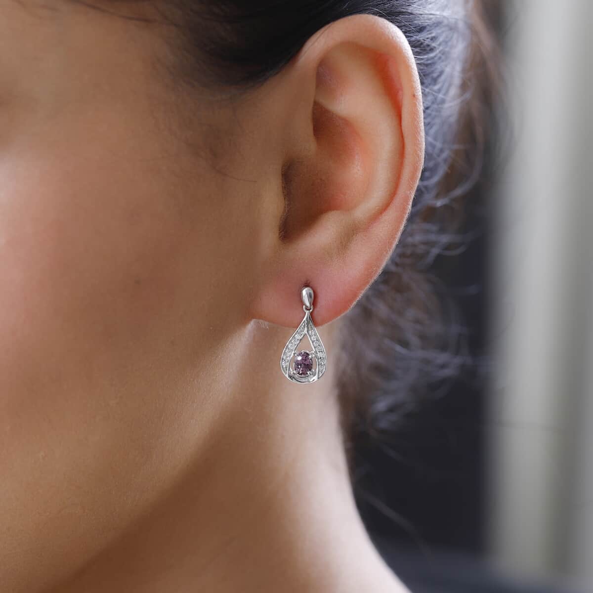 Tanzanian Lavender Spinel and White Zircon Dangling Earrings in Platinum Over Sterling Silver 1.40 ctw image number 2