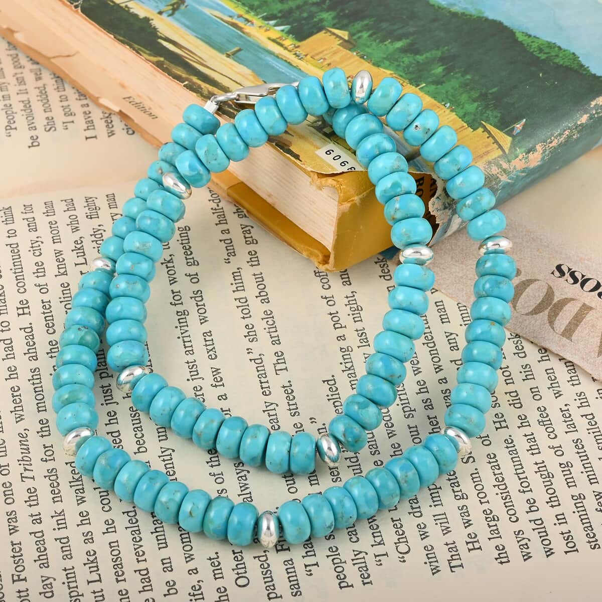 Blue Turquoise Beaded Necklace 18 Inches in Sterling Silver 225.00 ctw image number 1