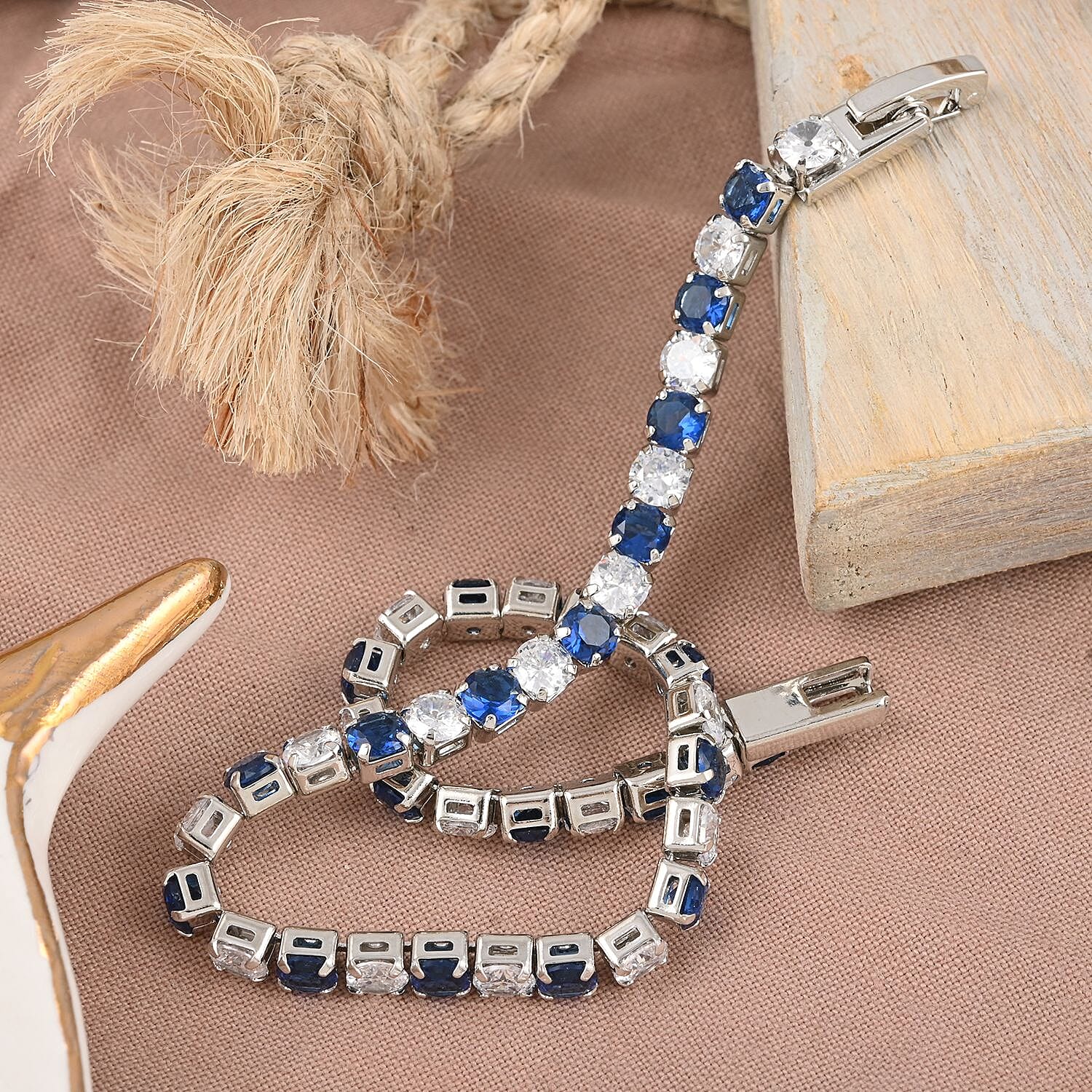 Simulated Blue and White Diamond Tennis Bracelet in Silvertone (8.00 In) 11.50 ctw