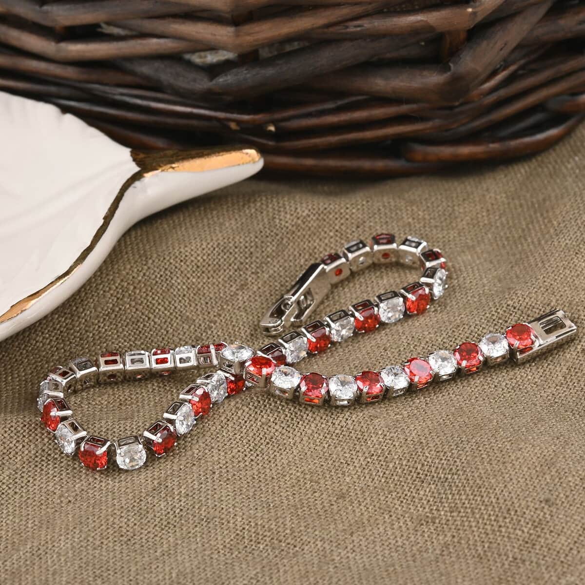 Simulated Red and White Diamond Tennis Bracelet in Silvertone (8.00 In) 11.50 ctw image number 1