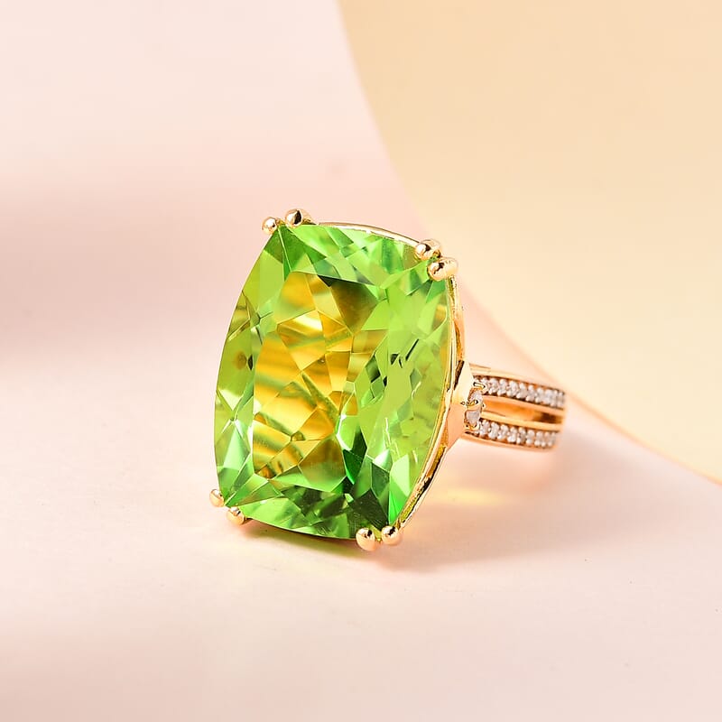 Chartreuse Quartz (Triplet) and White Zircon Ring in Vermeil Yellow Gold Over Sterling Silver (Size 10.0) 22.35 ctw