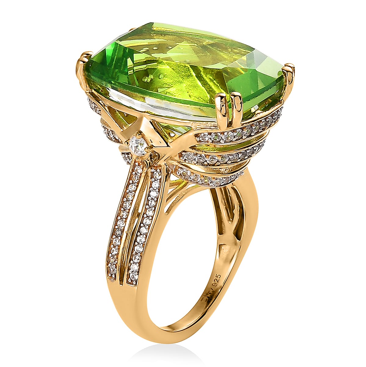 Chartreuse Quartz (Triplet) and White Zircon Ring in Vermeil Yellow Gold Over Sterling Silver 22.35 ctw (Del. in 7-10 Days) image number 3