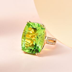 Chartreuse Quartz (Triplet) and White Zircon Ring in Vermeil Yellow Gold Over Sterling Silver (Size 8.0) 22.35 ctw
