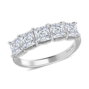 Princess Cut Moissanite 5 Stone Ring, Moissanite Ring, Platinum Over Sterling Silver Ring, Engagement Ring 1.85 ctw