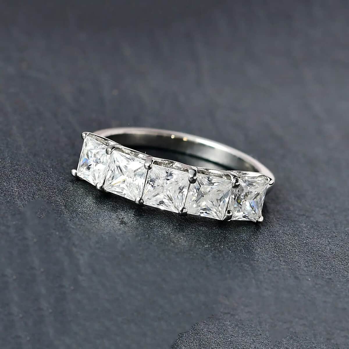 Princess Cut Moissanite 5 Stone Ring, Moissanite Ring, Platinum Over Sterling Silver Ring, Engagement Ring 1.85 ctw image number 1