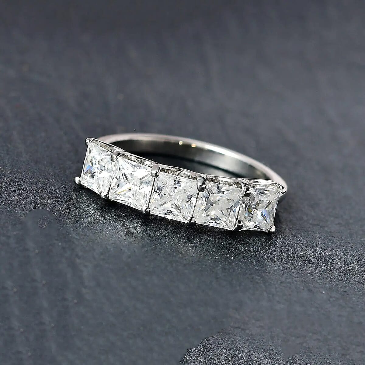 Princess Cut Moissanite 1.85 ctw 5 Stone Ring, Moissanite Ring, Vermeil Yellow Gold Over Sterling Silver Ring, Engagement Ring (Size 6.00) image number 1
