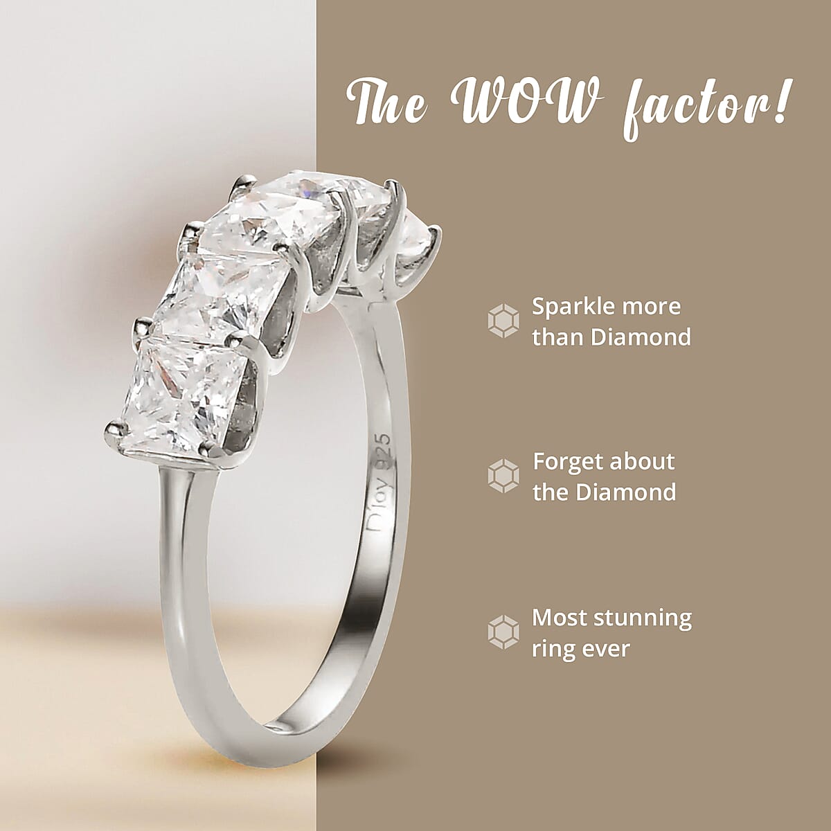 Princess Cut Moissanite 1.85 ctw 5 Stone Ring, Moissanite Ring, Platinum Over Sterling Silver Ring, Engagement Ring (Size 7) image number 3