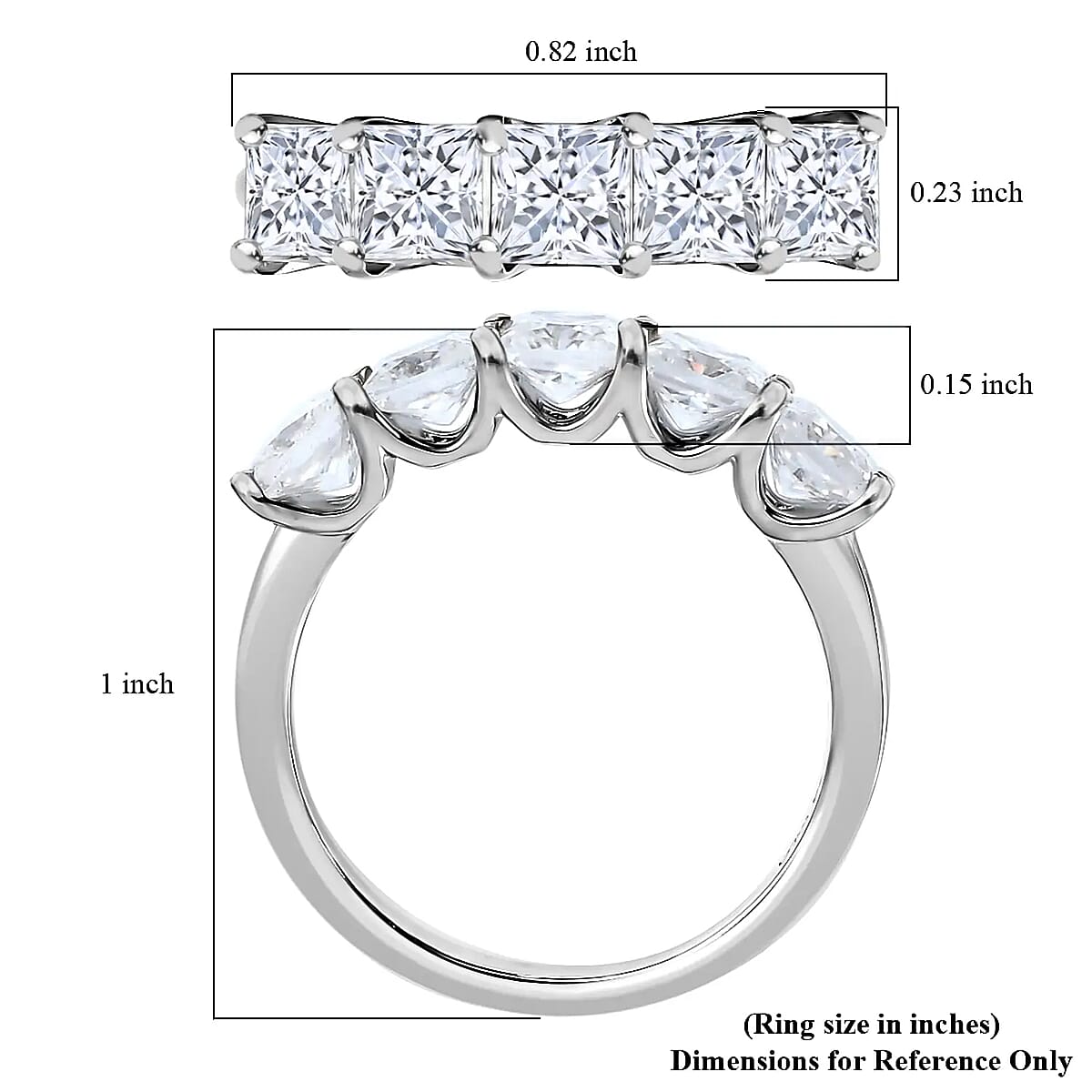 Princess Cut Moissanite 1.85 ctw 5 Stone Ring, Moissanite Ring, Platinum Over Sterling Silver Ring, Engagement Ring (Size 7) image number 6