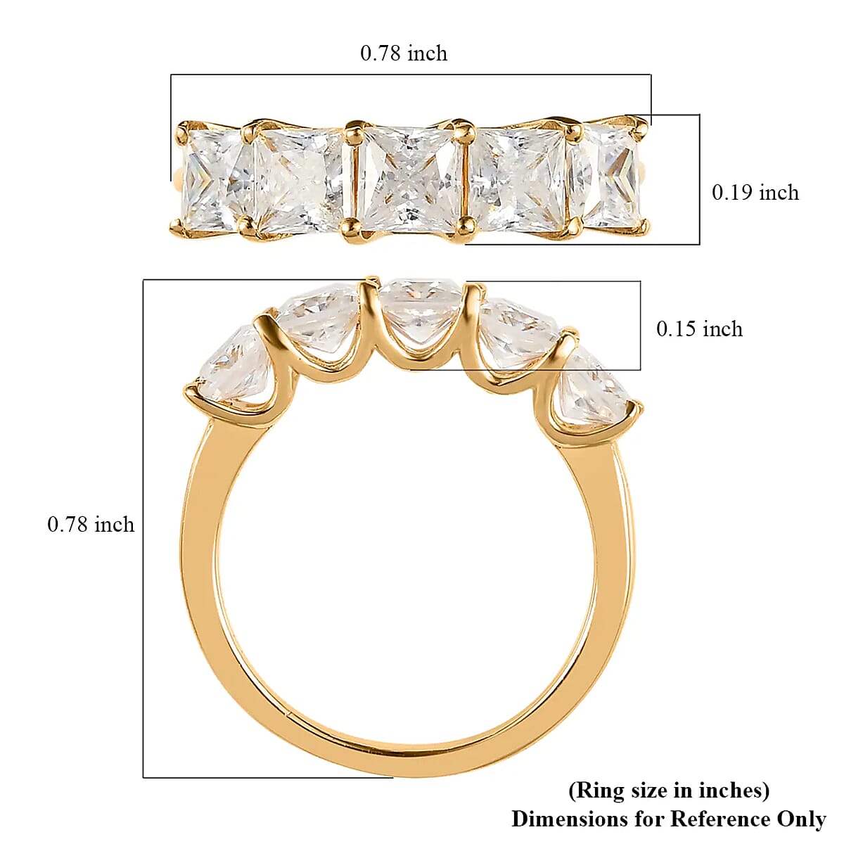Princess Cut Moissanite 1.85 ctw 5 Stone Ring, Moissanite Ring, Vermeil Yellow Gold Over Sterling Silver Ring, Engagement Ring (Size 5.00) image number 6