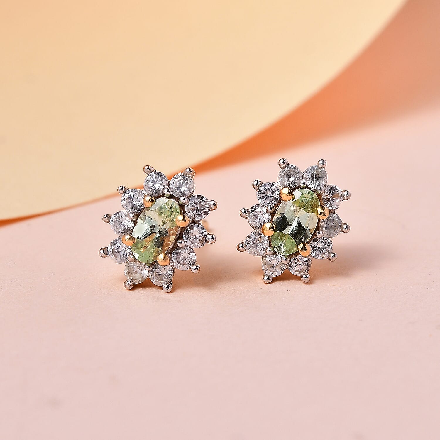 Premium Tsavorite Garnet and White Zircon Floral Stud Earrings in Vermeil Yellow Gold Over Sterling Silver 1.25 ctw