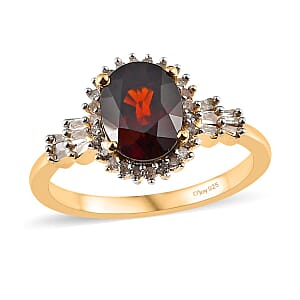 Premium Red Zircon and Diamond Halo Ring in Vermeil Yellow Gold Over Sterling Silver (Size 6.0) 3.40 ctw