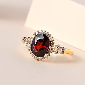 Premium Red Zircon and Diamond Halo Ring in Vermeil Yellow Gold Over Sterling Silver (Size 6.0) 3.40 ctw