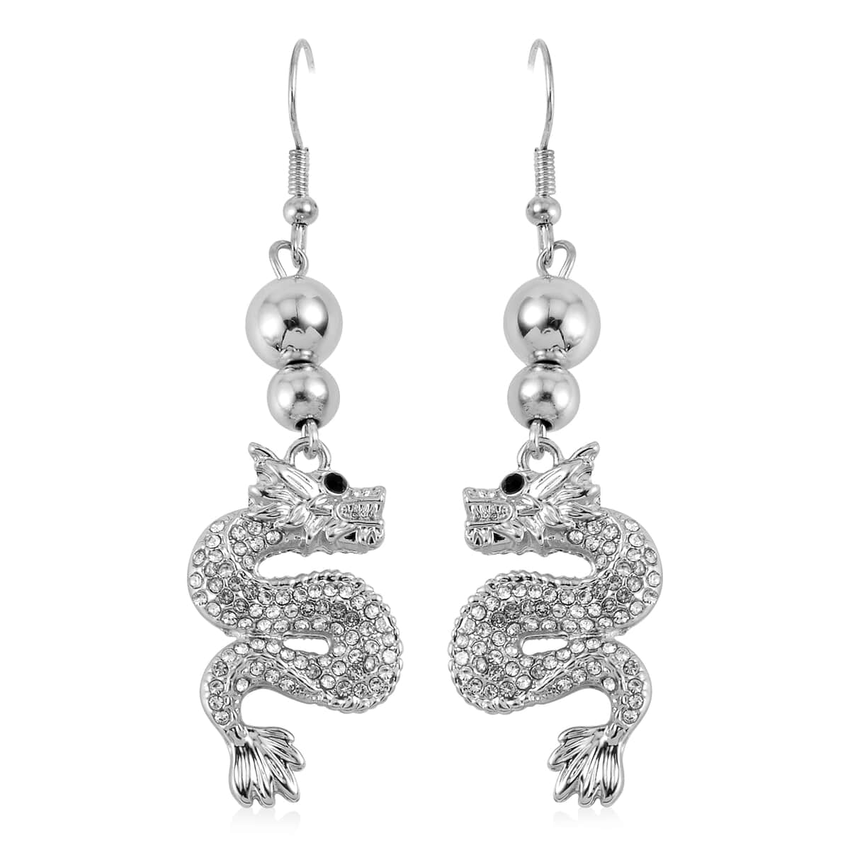 White and Black Austrian Crystal Dragon Earrings in Silvertone image number 0