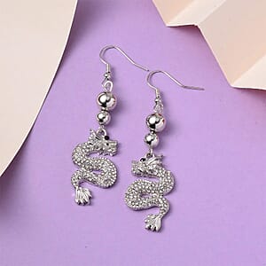 White and Black Austrian Crystal Dragon Earrings in Silvertone