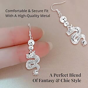 White and Black Austrian Crystal Dragon Earrings in Silvertone