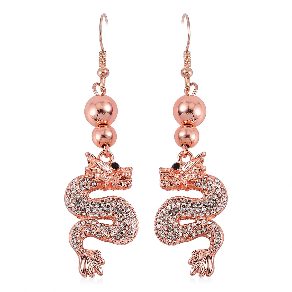 White and Black Austrian Crystal Dragon Earrings in Rosetone image number 0