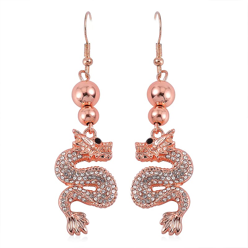White and Black Austrian Crystal Dragon Earrings in Rosetone