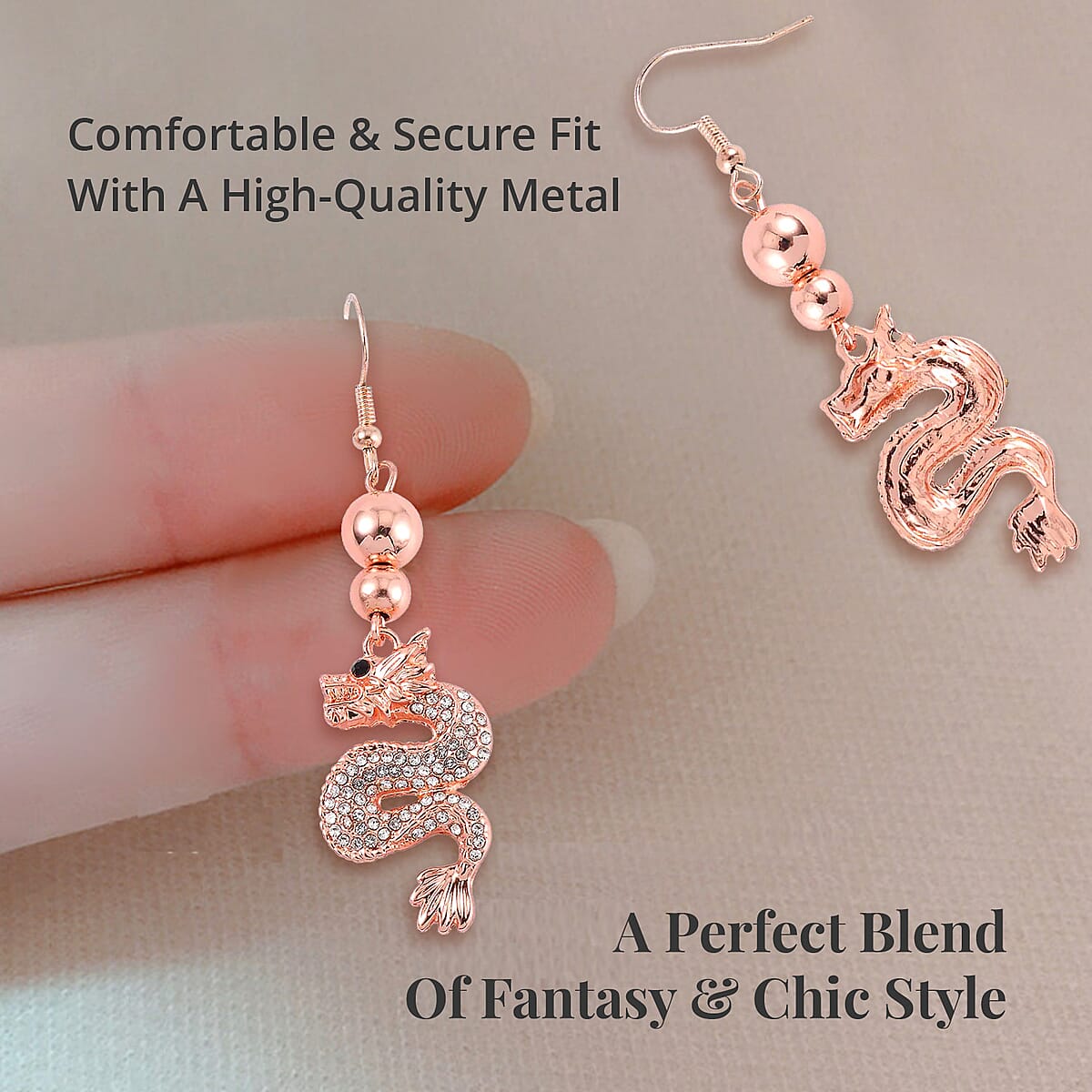 White and Black Austrian Crystal Dragon Earrings in Rosetone image number 3