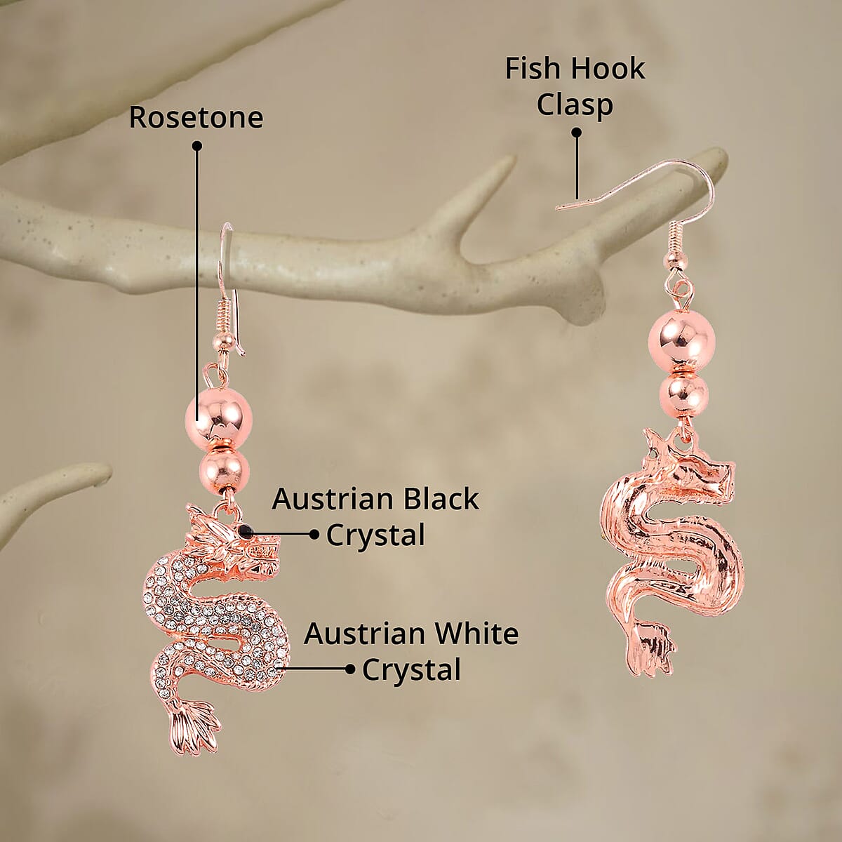 White and Black Austrian Crystal Dragon Earrings in Rosetone image number 4
