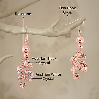 White and Black Austrian Crystal Dragon Earrings in Rosetone