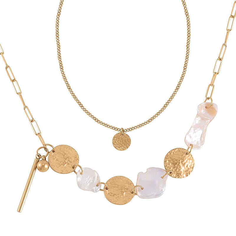 White Shell Pearl Necklace 20-22 Inches in ION Plated YG Stainless Steel