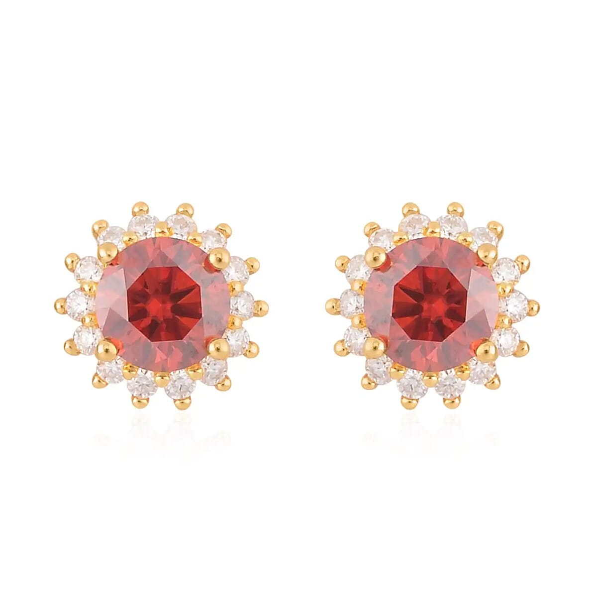 Red and White Moissanite Sunburst Stud Earrings in Vermeil Yellow Gold Over Sterling Silver 2.30 ctw image number 0