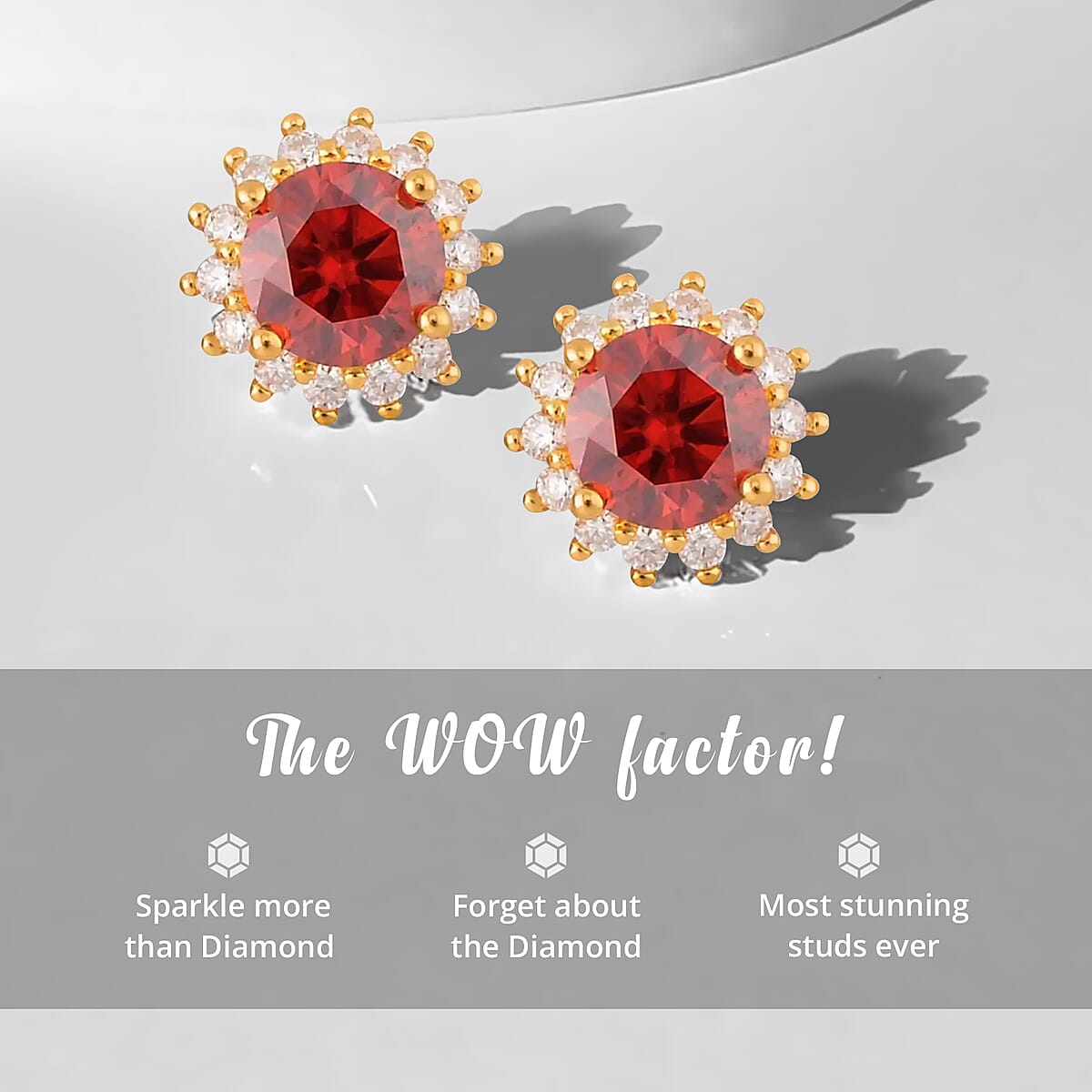 Red and White Moissanite Sunburst Stud Earrings in Vermeil Yellow Gold Over Sterling Silver 2.30 ctw image number 3