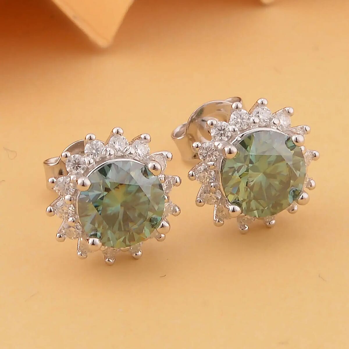 Moissanite Earrings, Sunburst Stud Earrings, Blue Moissanite Earrings, Sterling Silver Earrings, Moissanite Studs 2.30 ctw image number 1