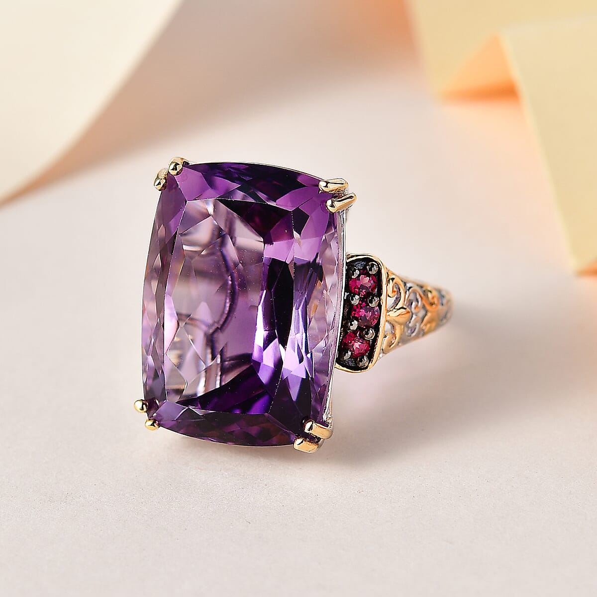 Amethyst (Cushion), Orissa Rhodolite Garnet Ring in Vermeil YG and Platinum Over Sterling Silver (Size 10.0) 26.25 ctw image number 1